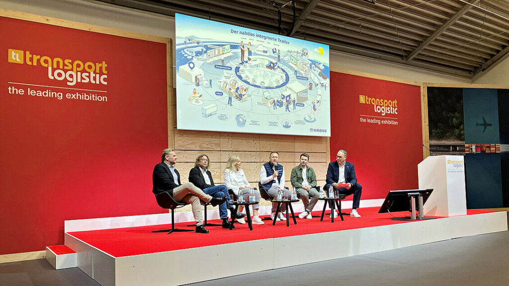 From left to right: Hans Elmegaard, CEO at Moddule, Canada; Thomas Krupp, Professor of Transport and Traffic Logistics at Cologne University of Applied Sciences; Helga Sommer, Managing Director at Sommer; Maximilian Birle, Head of Telematics and Digital Services at Krone Trailer; James Maund, Co-founder & Co-CEO at voyfai; Marc Oedekoven, Chairman of the Board of Logistics Alliance Germany.